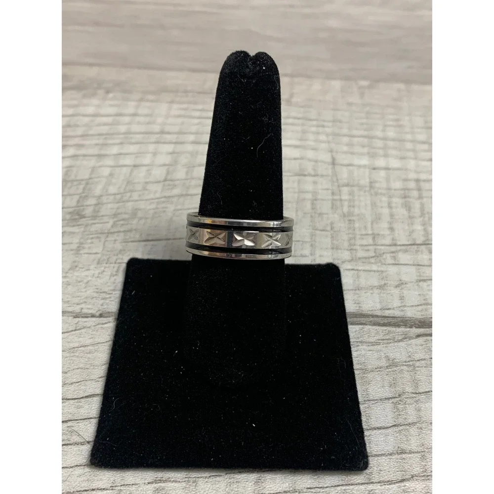 Stainless Steel Spinner Ring Black Enamel Star Etched Fidget Band Size 9.5